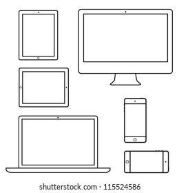 Computer laptop tablet phone isolated outlines eps10 vector