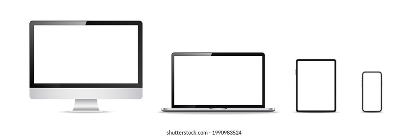 Computer, laptop, tablet, phone. Mockup collection on white backdrop. Realistic electronic devices. Isolated digital mobile gadgets. Vector illustration.