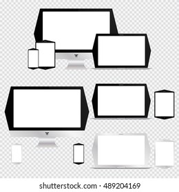 Computer, laptop, tablet, phone. Set of isolated electronic devices. Vector illustration.