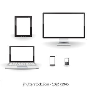 Computer, laptop, tablet, phone and smartphone. 3D realistic