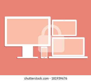 Computer laptop tablet smartphone device security lock concept. Vector illustration.
