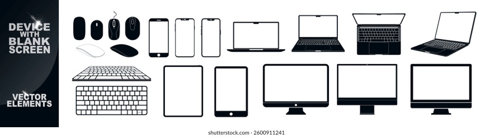 Computer, laptop, tablet, smartphone icons with blank screen. Mockup of screen device 