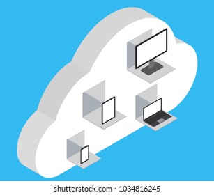 Computer, laptop, tablet, smartphone on cloud of technology. isometric flat design
