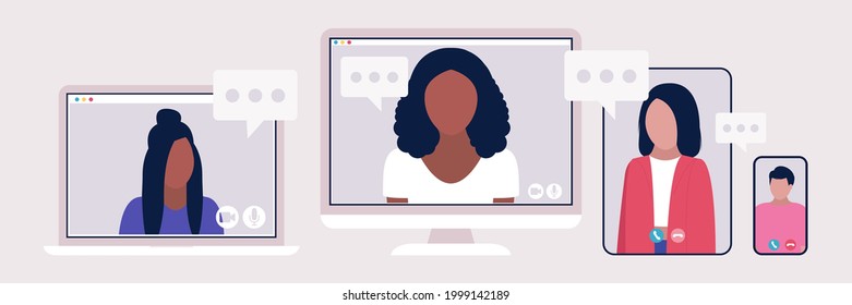 Computer, laptop, tablet and smartphone with people video call. Video call to a friend, study online, business meeting. Colorful flat vector illustration.