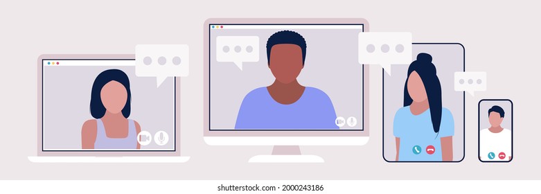 Computer, laptop, tablet and smartphone with people video call. Video call to a friend, study online, business meeting. Colorful flat vector illustration.