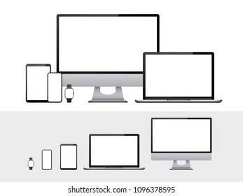 Computer, laptop, tablet, smartphone and smart watch device with blank white screen. Devices mockup for responsive web design and presentation isolated vector set