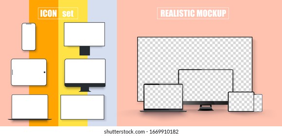 Computer, laptop, tablet, smartphone and tv device with blank white screen. Mockup generic device. Template for infographics or presentation. Outline mockup electronics devices phone monitor lines