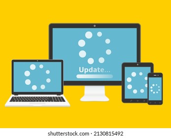 Ordenador, portátil, tablet, smartphone con proceso de carga de actualizaciones en pantalla