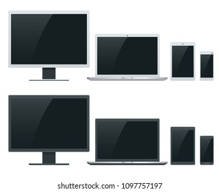 Computer, laptop, tablet and smartphone vector illustrations. Device lean on device.