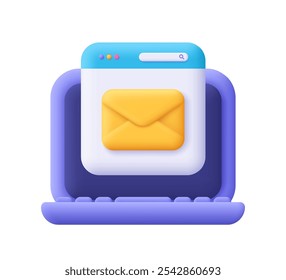 Laptop com página da web e envelope. Novo email, serviço de email, mensagem de email, notificação de email, conceito de rede social. ícone de vetor 3d. Estilo mínimo de desenho animado.