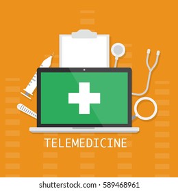 Computer laptop with white cross medical sign icon concept of telemedicine and telehealth technology on orange background. Vector illustration cloud internet of things technology trend concept.