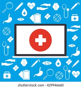 Computer laptop with white cross on red circle and on medical sign background concept of telemedicine and telehealth technology. Vector illustration cloud internet of things technology trend.