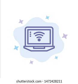 Computer Laptop Wifi Signal, Blue Icon on Abstract Cloud Background