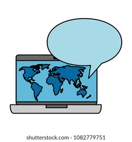 computer laptop with world planet and speech bubble
