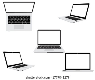 Computer laptops template top side, left side, right side and front side isolated on white background. EPS.file.
