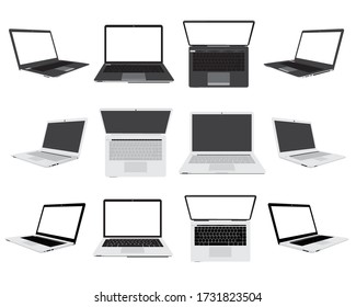 Computer laptops three color left side, right side, front side and top side isolated on white background. EPS.file.