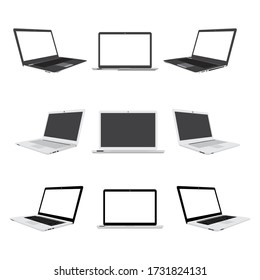 Computer laptops three color left side, right side and front side isolated on white background. EPS.file.