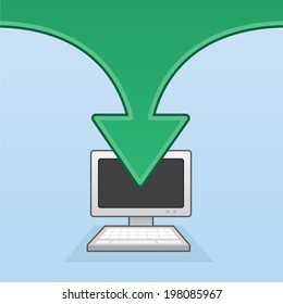 Computer with large green arrow showing download 