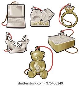 A computer las vegas dice wedding ring high-heel shoes a hot tub & a teddy bear charm in gold & silver with a red string running through a loop on the top of each piece