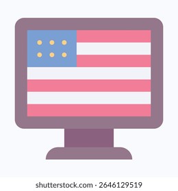 Computer, Led, Television With American Flag, Fourth Of July Icon, Vector Style Flat Icon. 