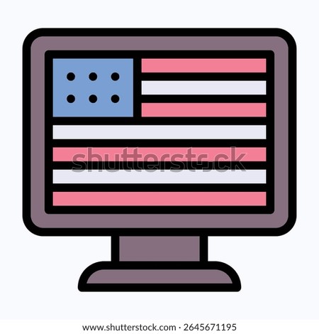 Computer, Led, Television With American Flag, Fourth Of July Icon, Vector Style Lineal color Icon.	
