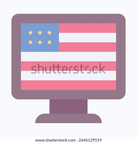 Computer, Led, Television With American Flag, Fourth Of July Icon, Vector Style Flat Icon. 