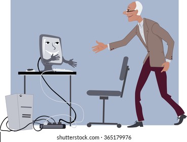 Computer lessons for seniors. Elderly man shaking hands with a friendly computer, EPS 8 vector illustration