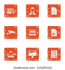 Computer library icons set. Grunge set of 9 computer library vector icons for web isolated on white background