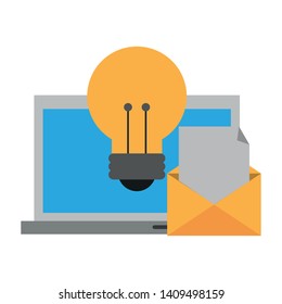 computer with light bulb and envelope icon cartoon vector illustration graphic design