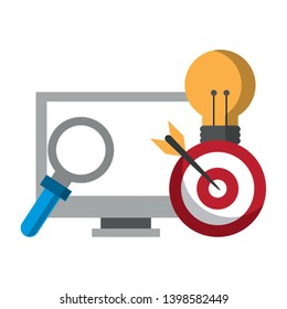 computer with light bulb magnifying glass and target