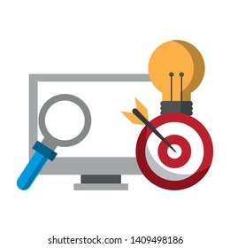 computer with light bulb magnifying glass and target icon cartoon vector illustration graphic design