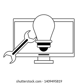 computer light bulb and wrench icon cartoon vector illustration graphic design