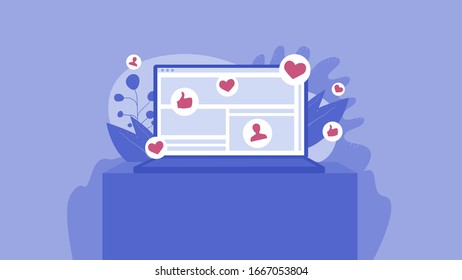 Computer with likes, hearts, icons. Social media flat, modern illustration.
