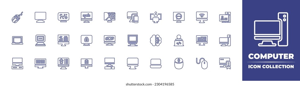 Sammlung von Symbolen der Computerlinie. Bearbeitbarer Strich. Vektorgrafik. Enthält Computermaus, Computermonitor, Gerät, Verbindung, Chat, PC, PC, Monitor.