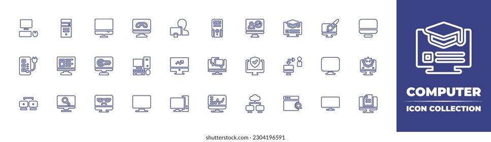 Computer line icon collection. Editable stroke. Vector illustration. Containing pc, cpu, monitor, computer, student, case, information, online course, graphic design, uninterrupted power supply.