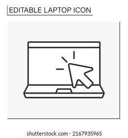  Computer Line Icon. Cursor On Computer Screen. Click On A Webpage. Laptop Concept. Isolated Vector Illustration. Editable Stroke