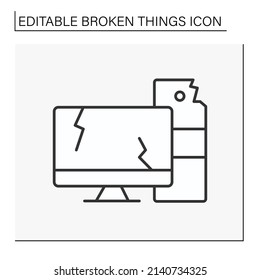 Computer Line Icon. Destroyed Electronic Devices. Smashed Computer Screen. Vandalism, Chaos. Broken Things Concept. Isolated Vector Illustration. Editable Stroke