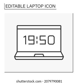  Computer line icon. Digital clock on computer screen. Alarm clock. Laptop concept. Isolated vector illustration. Editable stroke