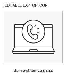  Icono de línea de equipo. Haz y recibe llamadas telefónicas desde tu PC. Concepto de portátil. Ilustración vectorial aislada. Trazo editable