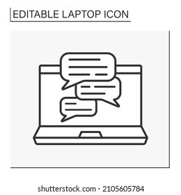  Computer line icon. Messages exchanging. Messenger on computer. Laptop concept. Isolated vector illustration. Editable stroke