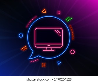 Computer line icon. Neon laser lights. PC component sign. Monitor symbol. Glow laser speech bubble. Neon lights chat bubble. Banner badge with computer icon. Vector