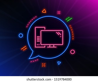 Computer line icon. Neon laser lights. PC component sign. Monitor with case symbol. Glow laser speech bubble. Neon lights chat bubble. Banner badge with computer icon. Vector