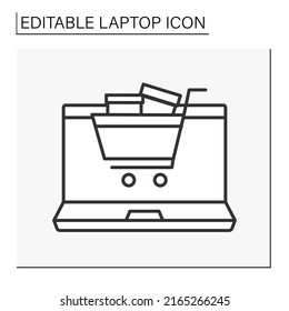  Computer line icon. Online shopping. Shopping cart. Laptop concept. Isolated vector illustration. Editable stroke