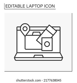  Computer line icon. Planning a trip online. Buy tickets and book hotels by computer. Laptop concept. Isolated vector illustration. Editable stroke