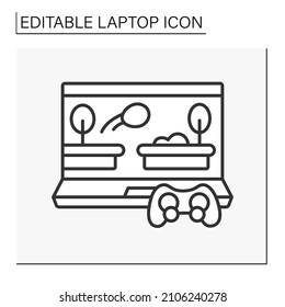  Computer line icon. Rpg game on computer. Joystick. Laptop concept. Isolated vector illustration. Editable stroke