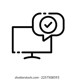 computer line icon. Screen, settings, speech bubble, tick, electronics, browser, internet, world wide web, data, knowledge. technology concept. Vector black line icon on white background