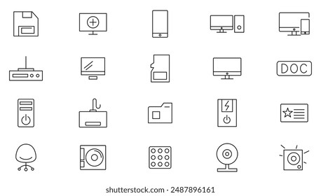Conjunto de iconos de línea de equipo. Portátil, smartphone, electrónica, escritorio, dispositivo y tecnología de contorno de la colección de iconos. Iconos de contorno fino de IU.