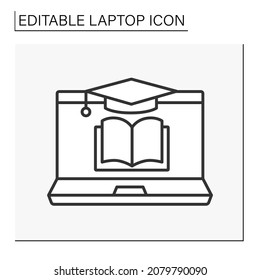  Computer line icon.Online education. Academical cap. Books for studying. Laptop concept. Isolated vector illustration. Editable stroke