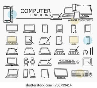 Computer line icons with minimal nodes and editable stroke width and style at a different angles