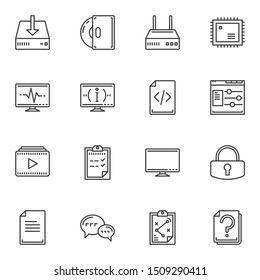 Computer line icons set. linear style symbols collection, outline signs pack. vector graphics. Set includes icons as wifi router, cpu microchip, pc monitor, coding, download storage disk, media player